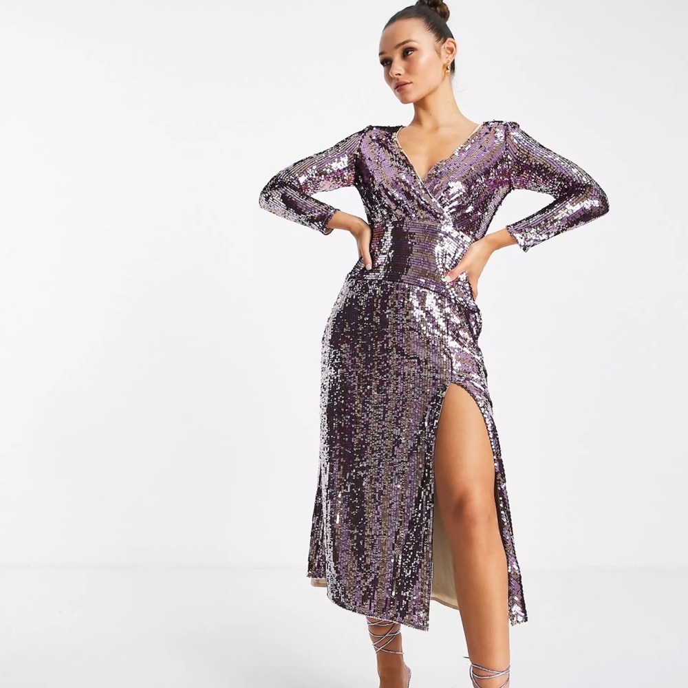 NWT French Connection Fiki midi wrap dress in all over pink sequin size 0